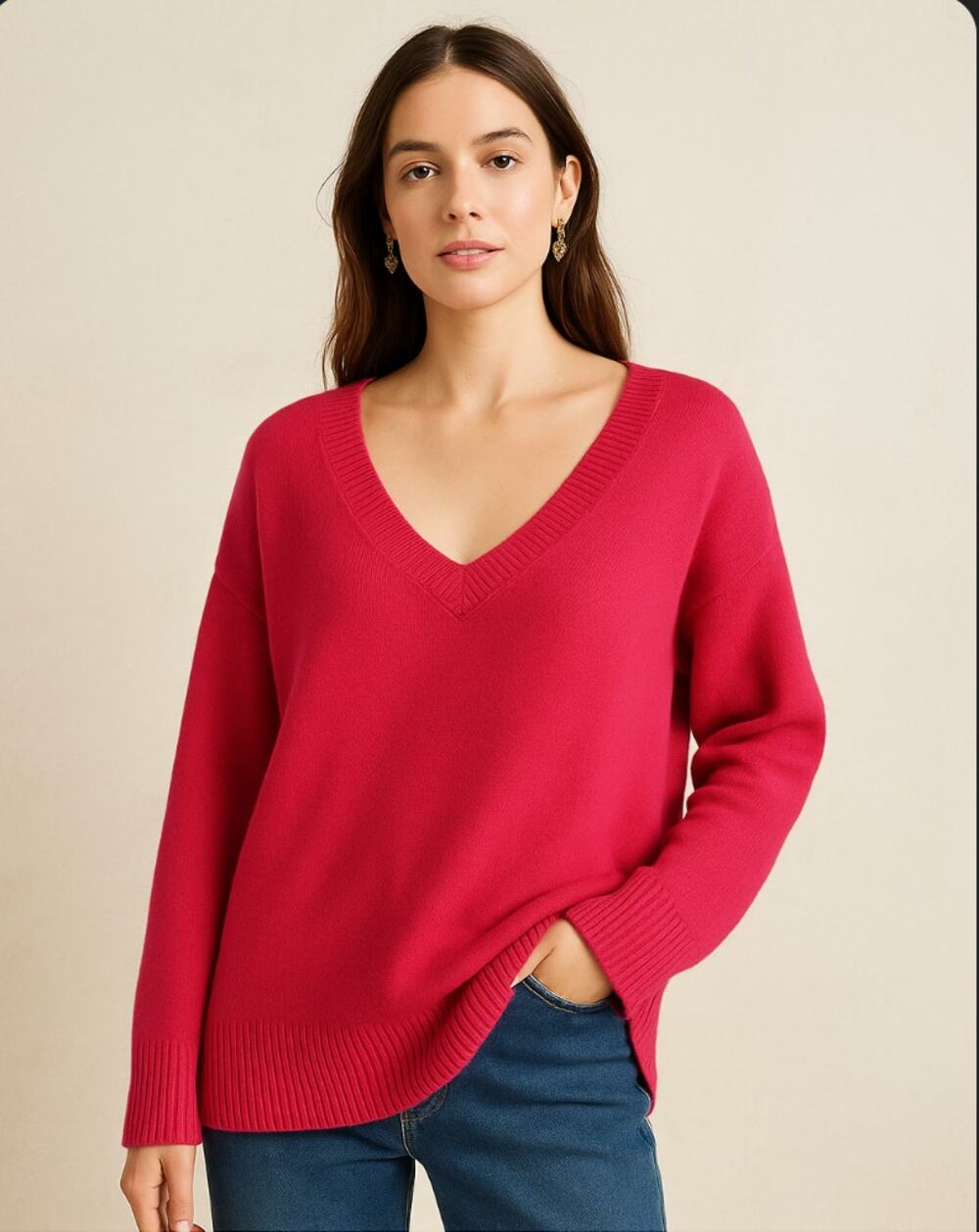 Anthropologie 100% Cashmere Hot Pink Oversized V-Neck Sweater Women’s M